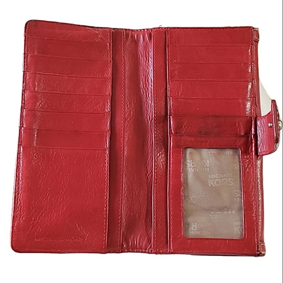 MK Michael Kors Red Leather long wallet vintage silver hardware 4 in. X  7.5 in. - Picture 2 of 11